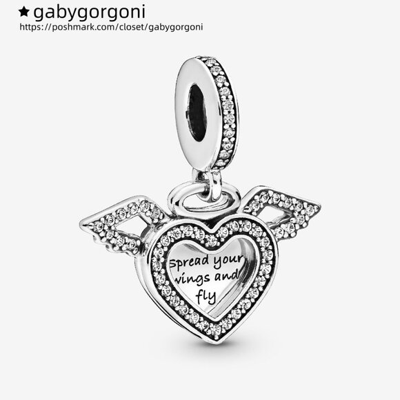 Pandora Heart and Angel Wings Dangle Charm - Picture 1 of 3